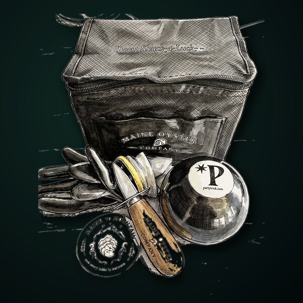 Boom Shuck-a-Luck Kit with oyster knife, shucking gloves, and travel cooler